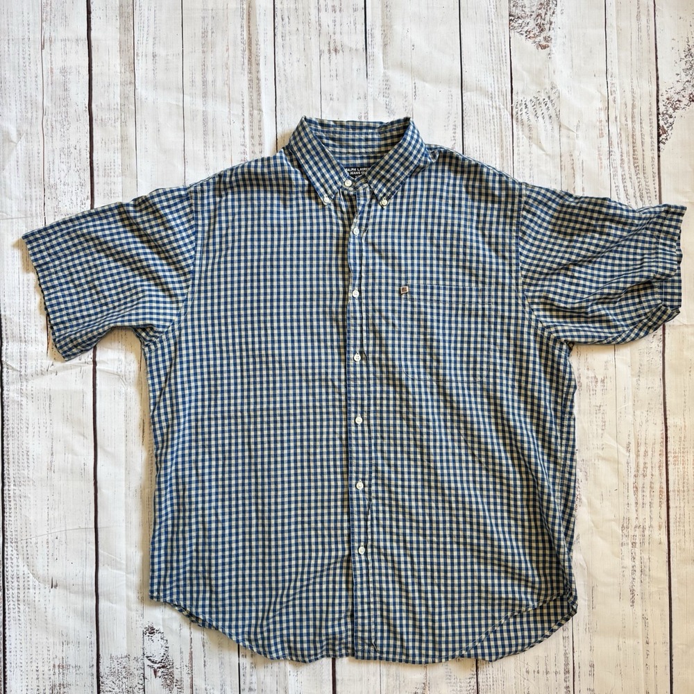 Blue & white Vintage Y2K Ralph Lauren Jeans Co. short sleeve button up shirt XL